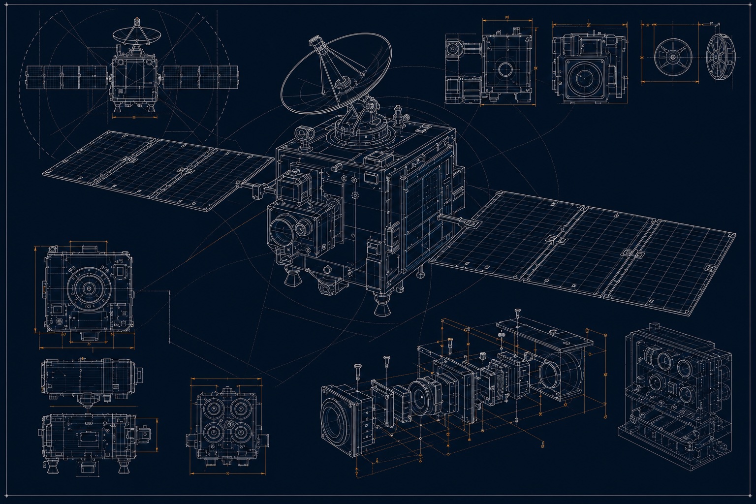 Crisp line-only blueprint of an Earth-observation satellite with deployed solar arrays