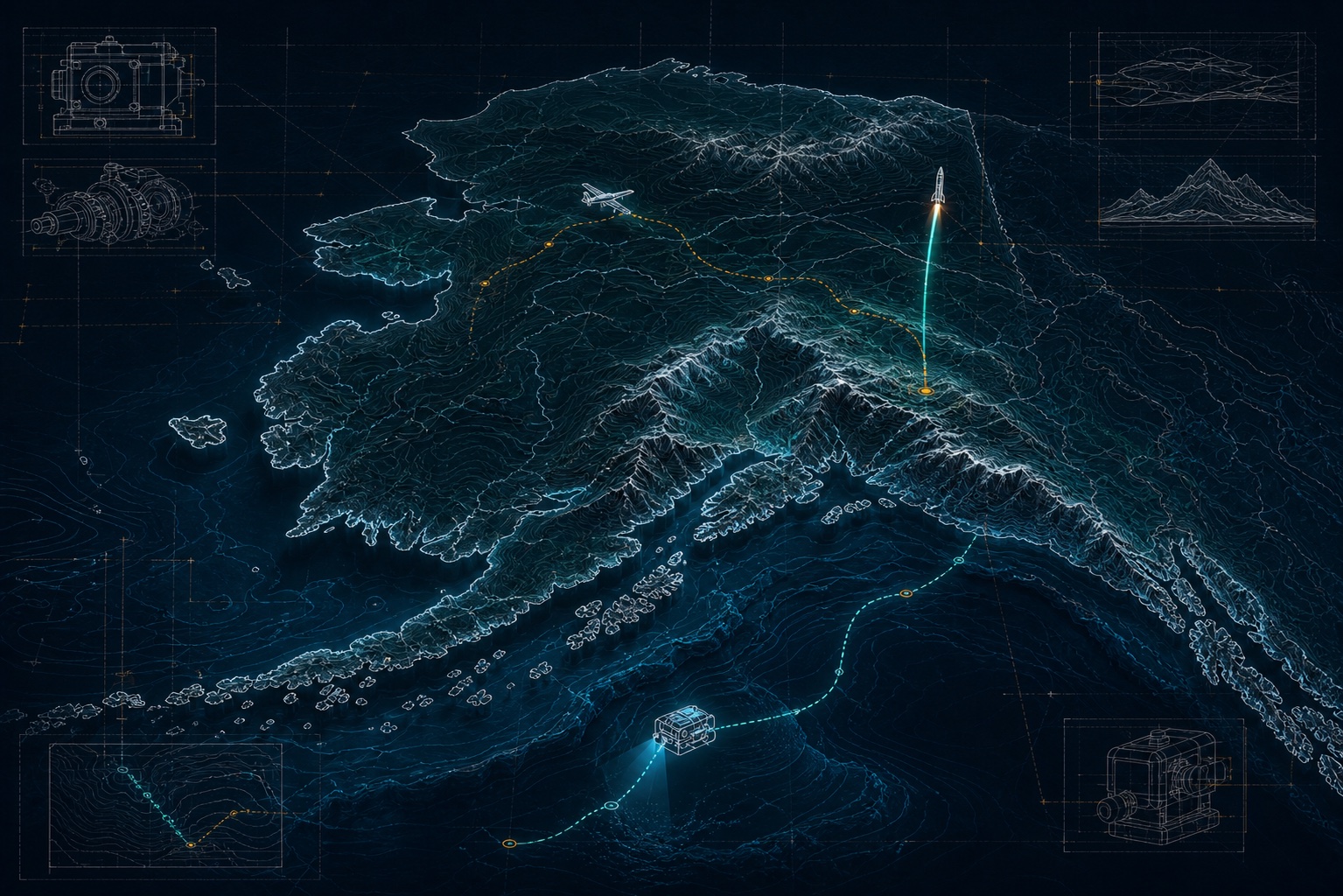 Technical field map of Alaska connecting an underwater ROV survey, mountain UAV route, and inland rocket launch