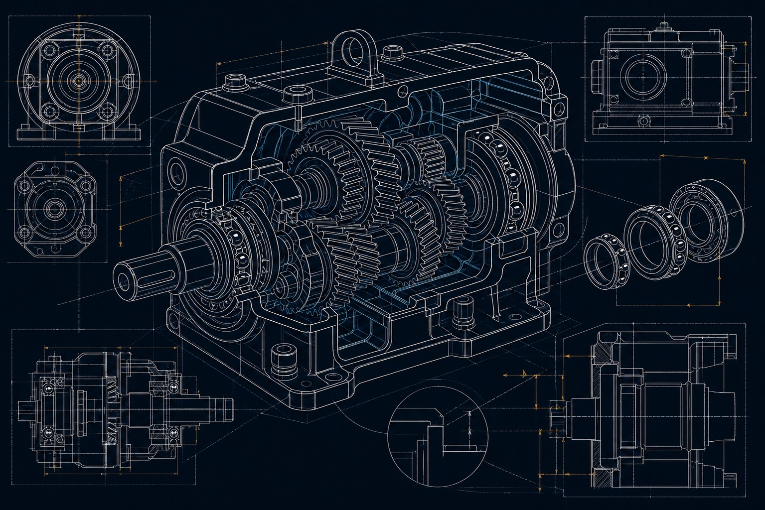 Clean line-art cutaway engineering drawing of a precision gearbox with gears, shafts, bearings, and housing