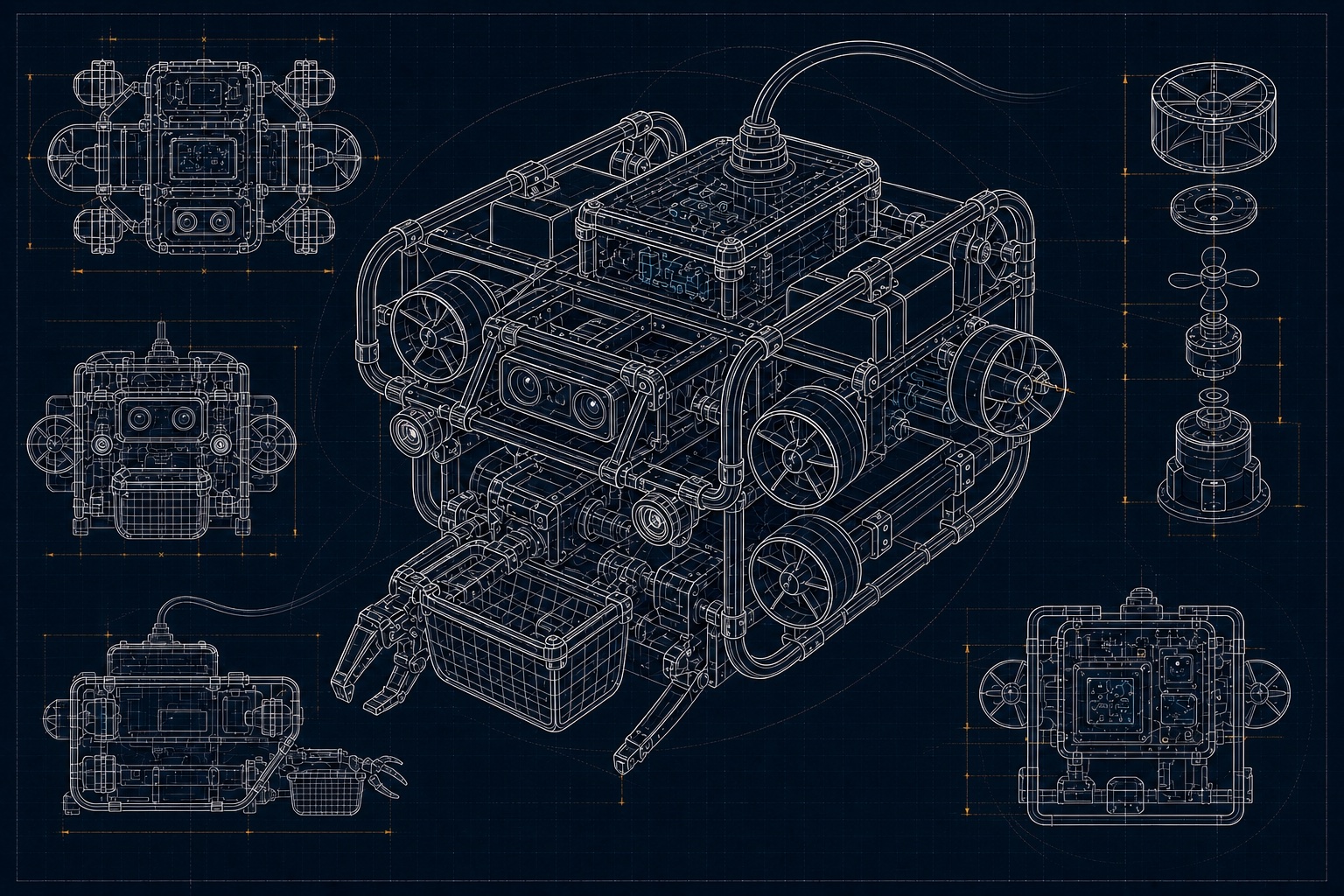 Crisp line-only blueprint of an underwater ROV with frame, thrusters, cameras, tether, and manipulator