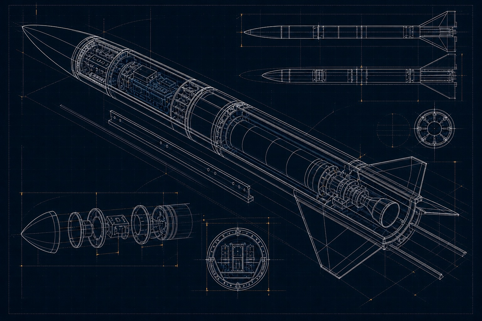 Crisp line-only cutaway blueprint of a sounding rocket and its internal systems